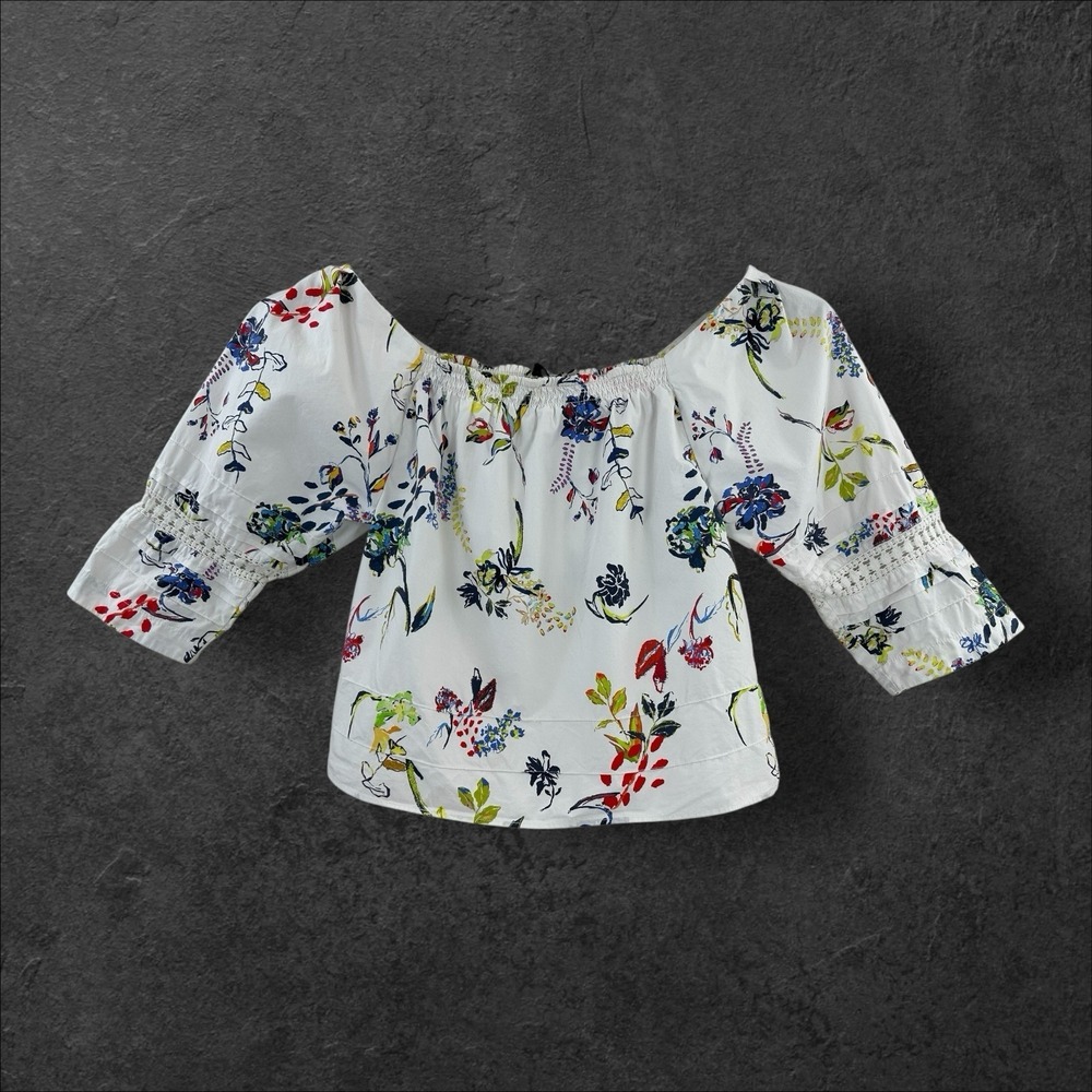 Tanya Taylor Size 2‎ Stassi Boatneck Top Blouse White Cotton Floral 3/4 Sleeves